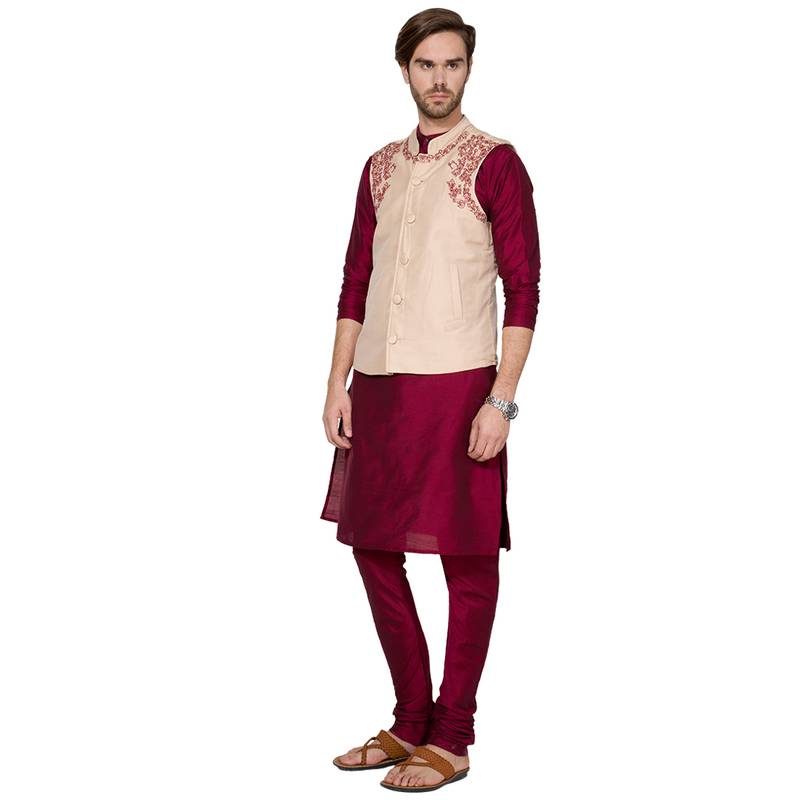 Maroon & beige Solid & embroidered art silk Kurta Set