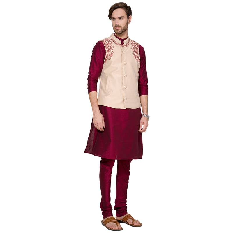 Maroon & beige Solid & embroidered art silk Kurta Set
