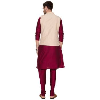 Maroon & beige Solid & embroidered art silk Kurta Set 4