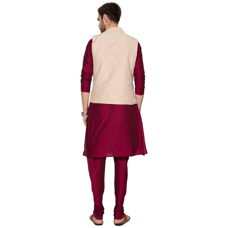 Maroon & beige Solid & embroidered art silk Kurta Set