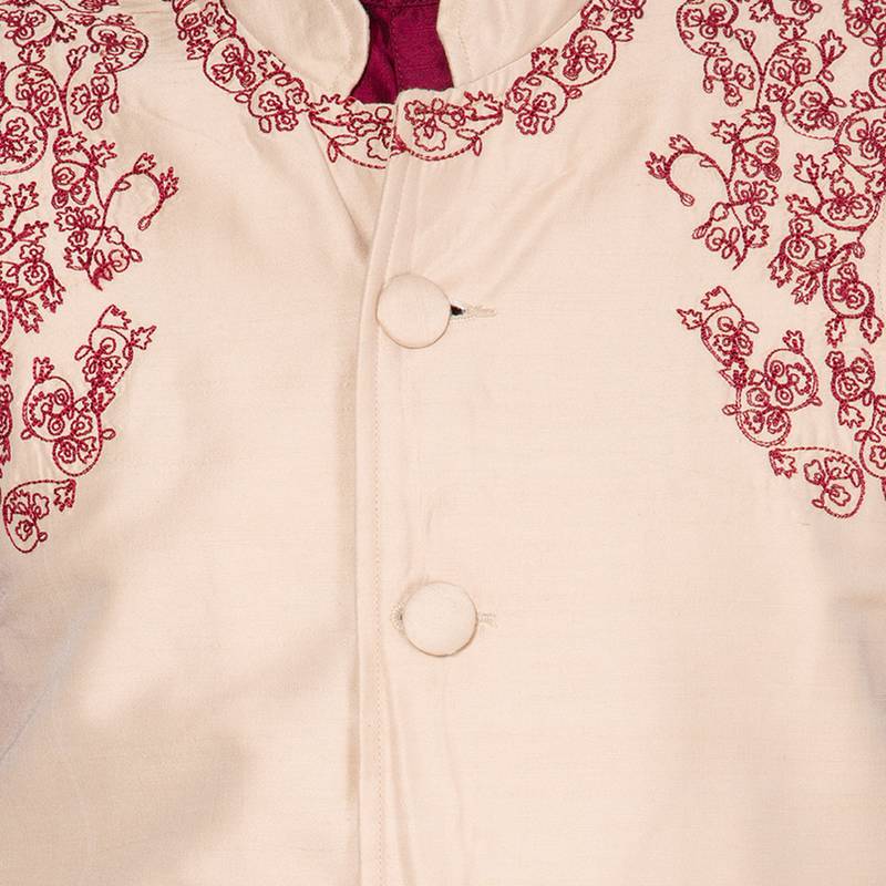Maroon & beige Solid & embroidered art silk Kurta Set