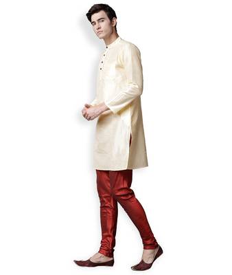 Off White & Red Solid Dupion Kurta Set 2
