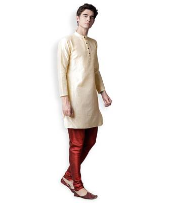 Off White & Red Solid Dupion Kurta Set 3