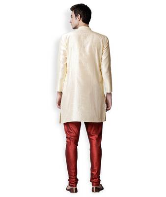 Off White & Red Solid Dupion Kurta Set 4