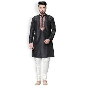Black-Cream Solid & Embroidered Dupion Kurta Set 1