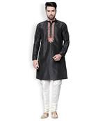 Black-Cream Solid & Embroidered Dupion Kurta Set