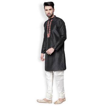 Black-Cream Solid & Embroidered Dupion Kurta Set 2