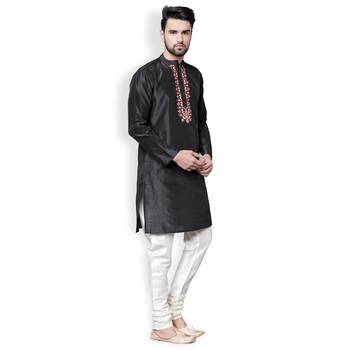Black-Cream Solid & Embroidered Dupion Kurta Set 4