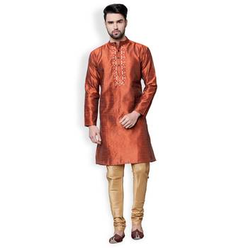 Brown-Gold Solid & Embroidered Dupion Kurta Set 1