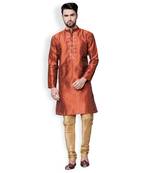 Brown-Gold Solid & Embroidered Dupion Kurta Set