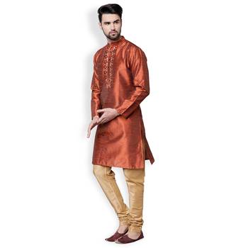 Brown-Gold Solid & Embroidered Dupion Kurta Set 2