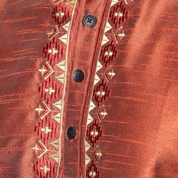 Brown-Gold Solid & Embroidered Dupion Kurta Set 5