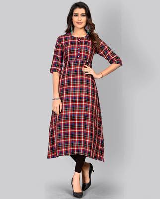 women's checkered a-line rayon red kurti 1
