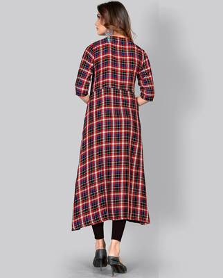 women's checkered a-line rayon red kurti 2