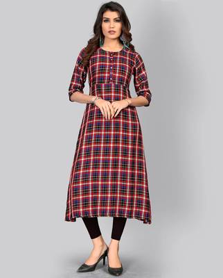 women's checkered a-line rayon red kurti 3