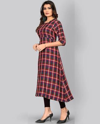women's checkered a-line rayon red kurti 4