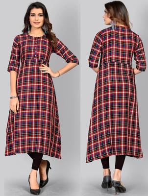 women's checkered a-line rayon red kurti 6