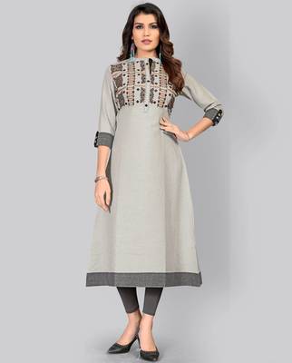 women's embroidered/solid a-line cotton grey kurti 1