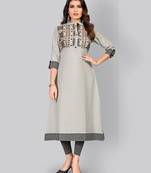 women's embroidered/solid a-line cotton grey kurti