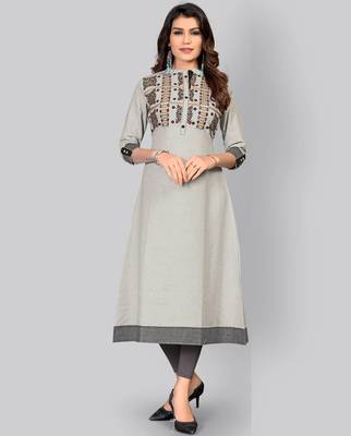 women's embroidered/solid a-line cotton grey kurti 2