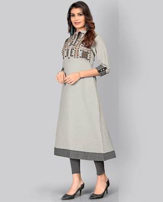 women's embroidered/solid a-line cotton grey kurti 3