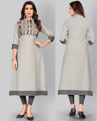 women's embroidered/solid a-line cotton grey kurti 6