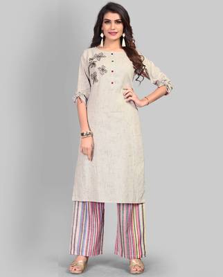 Women's Embroidered/Hand Work/Solid Straight Cotton Grey Kurti With Palazzo Set 1