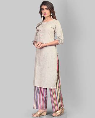 Women's Embroidered/Hand Work/Solid Straight Cotton Grey Kurti With Palazzo Set 3