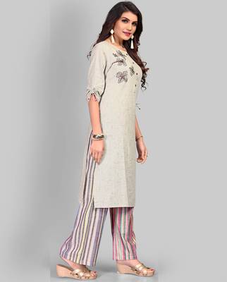 Women's Embroidered/Hand Work/Solid Straight Cotton Grey Kurti With Palazzo Set 4