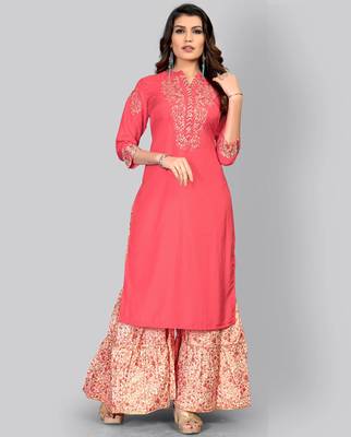 Women's Embroidered/Solid Straight Muslin Pink Kurti With Sharara Set 1