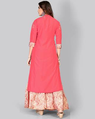 Women's Embroidered/Solid Straight Muslin Pink Kurti With Sharara Set 2