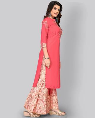 Women's Embroidered/Solid Straight Muslin Pink Kurti With Sharara Set 3