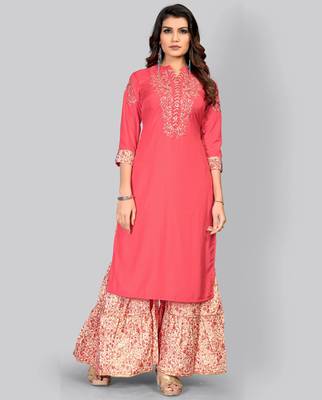 Women's Embroidered/Solid Straight Muslin Pink Kurti With Sharara Set 4