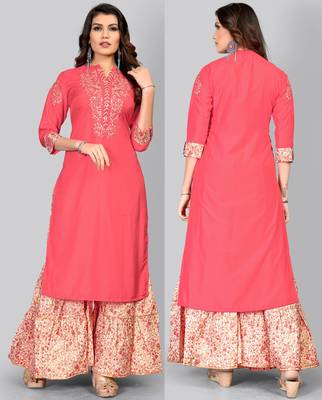Women's Embroidered/Solid Straight Muslin Pink Kurti With Sharara Set 6