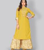 Women's Embroidered/Solid Straight Muslin Olive Green Kurti With Sharara Set