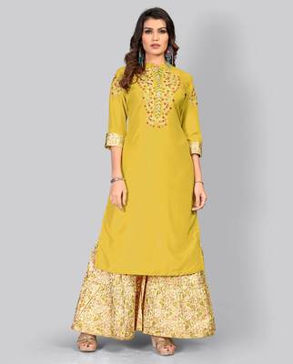 Women's Embroidered/Solid Straight Muslin Olive Green Kurti With Sharara Set 2