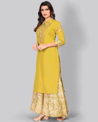 Women's Embroidered/Solid Straight Muslin Olive Green Kurti With Sharara Set 3