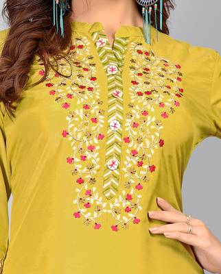 Women's Embroidered/Solid Straight Muslin Olive Green Kurti With Sharara Set 5