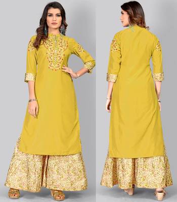 Women's Embroidered/Solid Straight Muslin Olive Green Kurti With Sharara Set 6