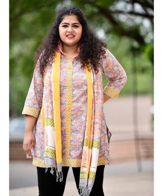 Grey mustard handblock printed short kurta With stole 1