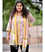 Grey mustard handblock printed short kurta With stole