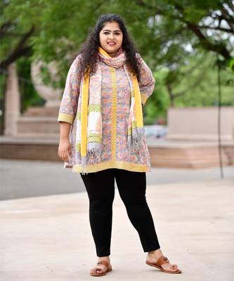 Grey mustard handblock printed short kurta With stole 3