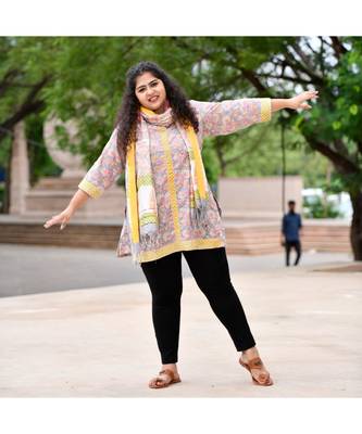 Grey mustard handblock printed short kurta With stole 4