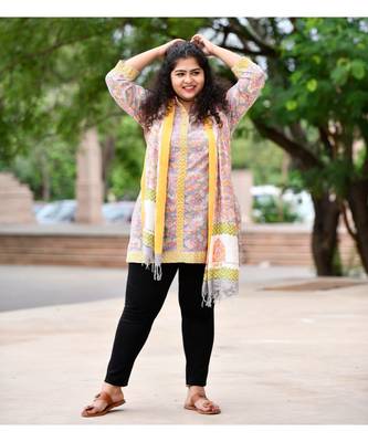 Grey mustard handblock printed short kurta With stole 5