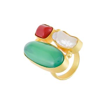 Red Green White Baroque Pearl Coral Emerald Three In One Ring 1