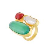 Red Green White Baroque Pearl Coral Emerald Three In One Ring
