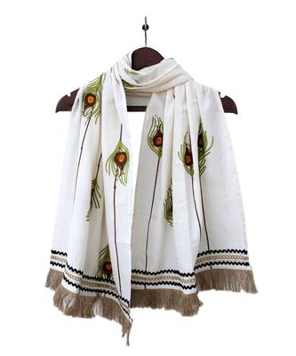 Pure Khadi Off White Peacock Feather Embroidered STOLE OR DUPATTA 1