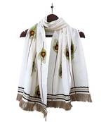 Pure Khadi Off White Peacock Feather Embroidered STOLE OR DUPATTA