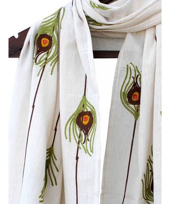 Pure Khadi Off White Peacock Feather Embroidered STOLE OR DUPATTA 2