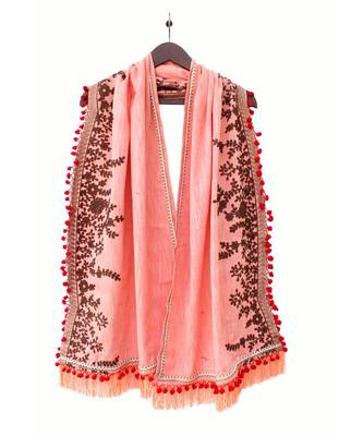 Pure Khadi Peach Color Embroidered stole or Dupatta 1